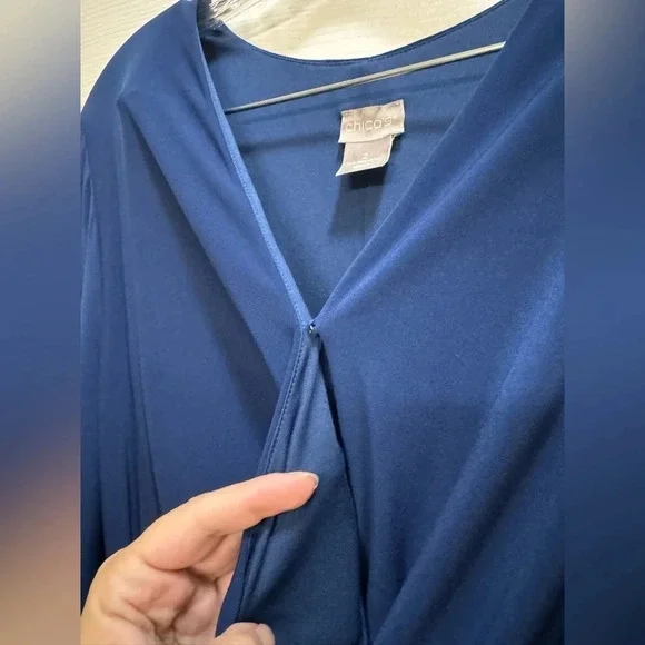 Chicos Faux Wrap Dress Navy V Neck Kimono Sleeves Midi A Line Work Size 2 US Lg - Picture 4 of 10